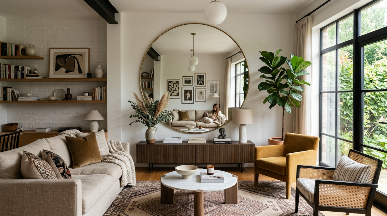 Living room with beige sofa, mustard armchair, round mirror, coffee table, and large window with garden view