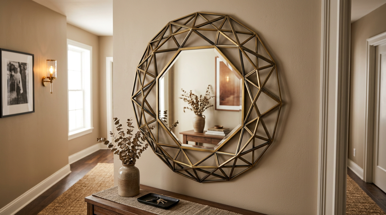 Geometric framed wall mirror reflecting a vase with dried branches.