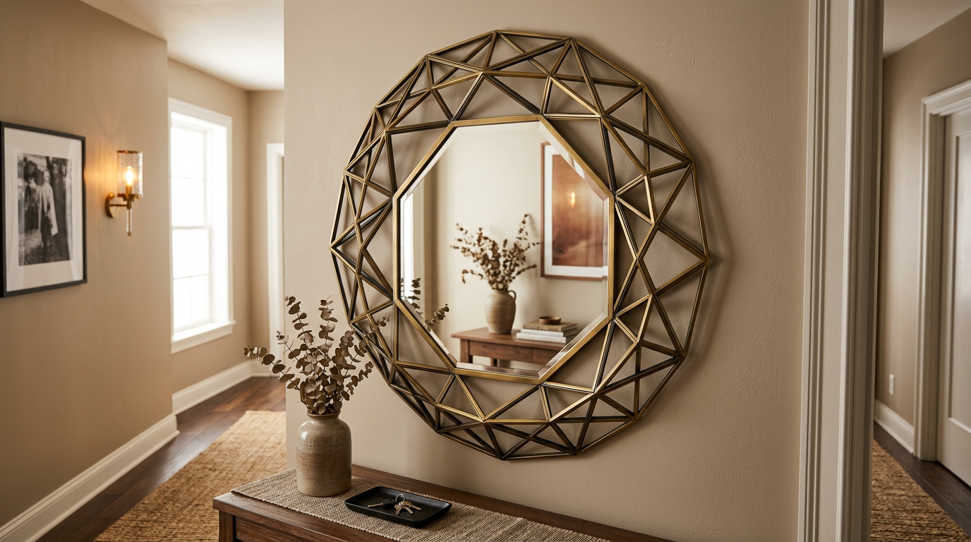 Geometric framed wall mirror reflecting a vase with dried branches.