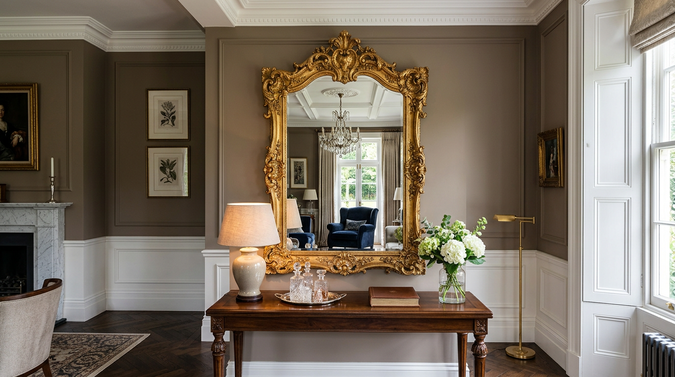 Ornate gold-framed mirror reflects chandelier and window over wooden console table with lamp and flower vase